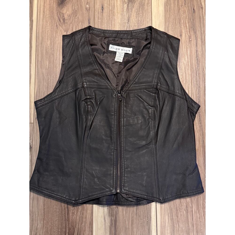 Tyler Gillis Brown Leather Vest Womens L Black Moto Zip Minimalist Biker